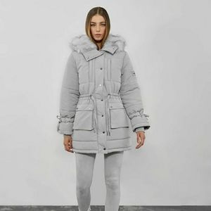 Women's Light Gray Fur-Trim Puffer Ski Jacket with Waist Cinch
